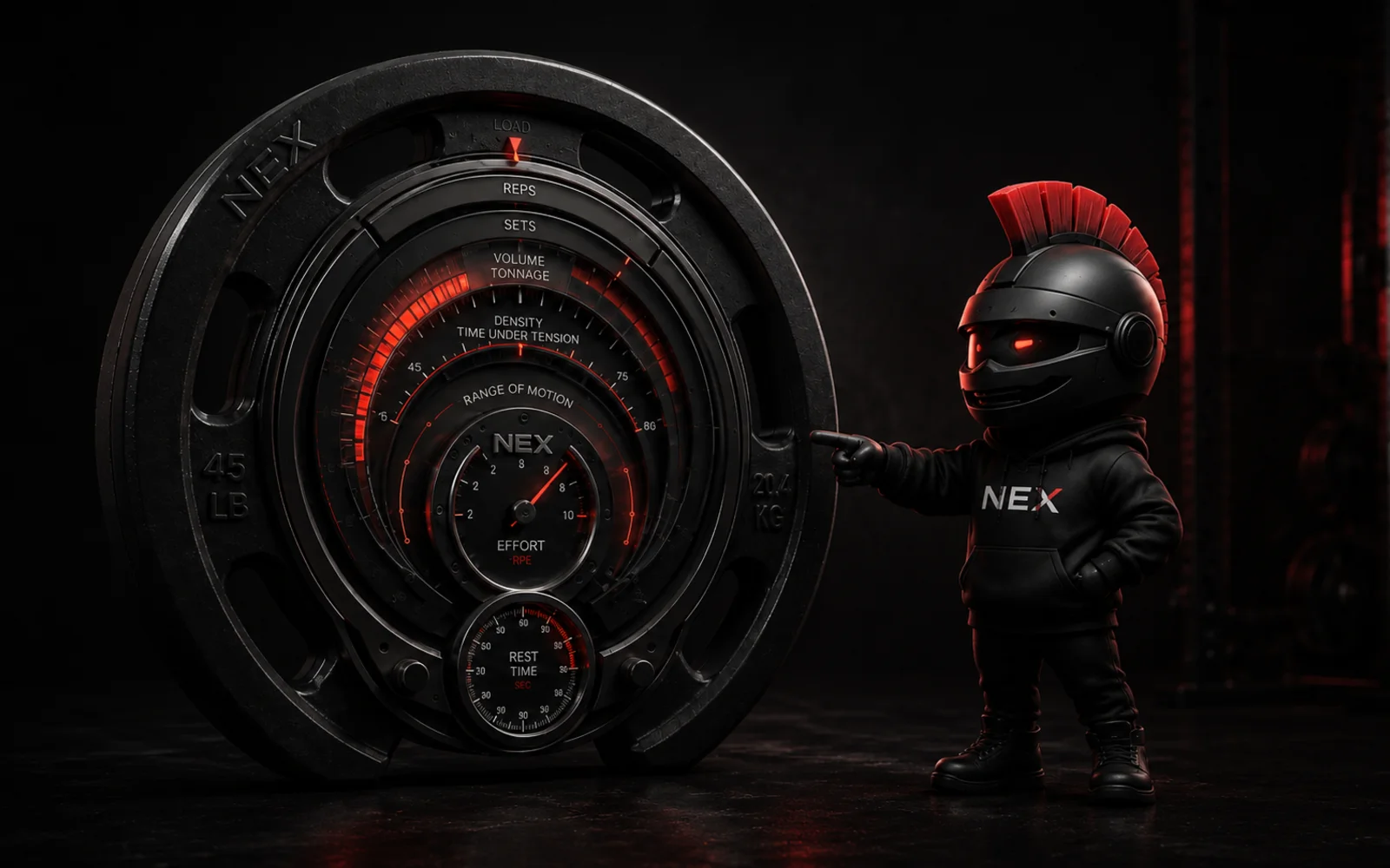 A NEX lifter surrounded by controlled training signals representing load, repetitions, volume, density, and progression.