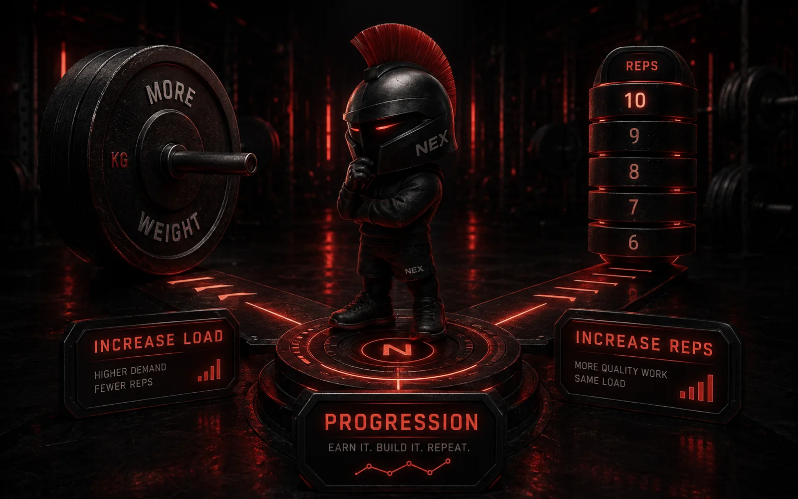 A NEX training mascot beside a circular progression mechanism connecting added weight plates with rising repetition markers.