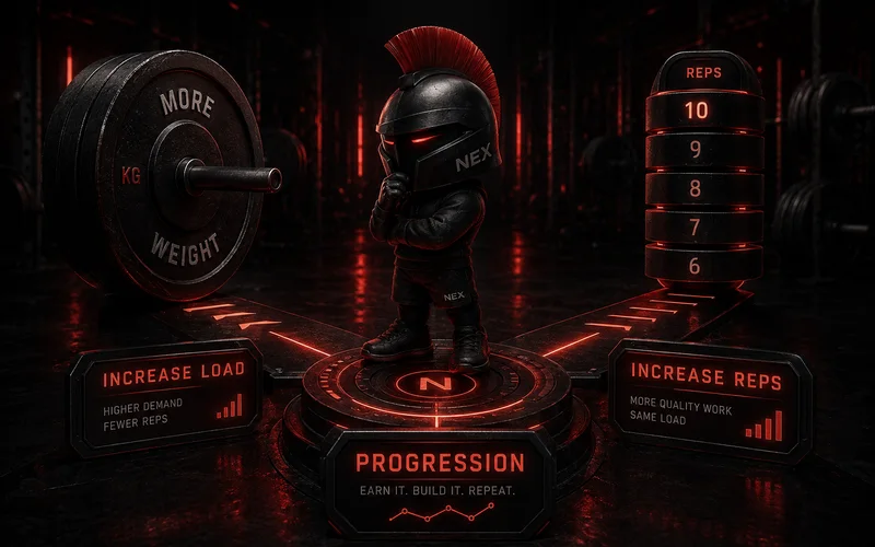 A NEX visual showing weight and repetitions as two connected stages of training progression.
