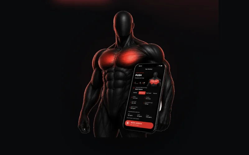NEX app on a phone held by a dark anatomical figure with glowing red chest muscles.