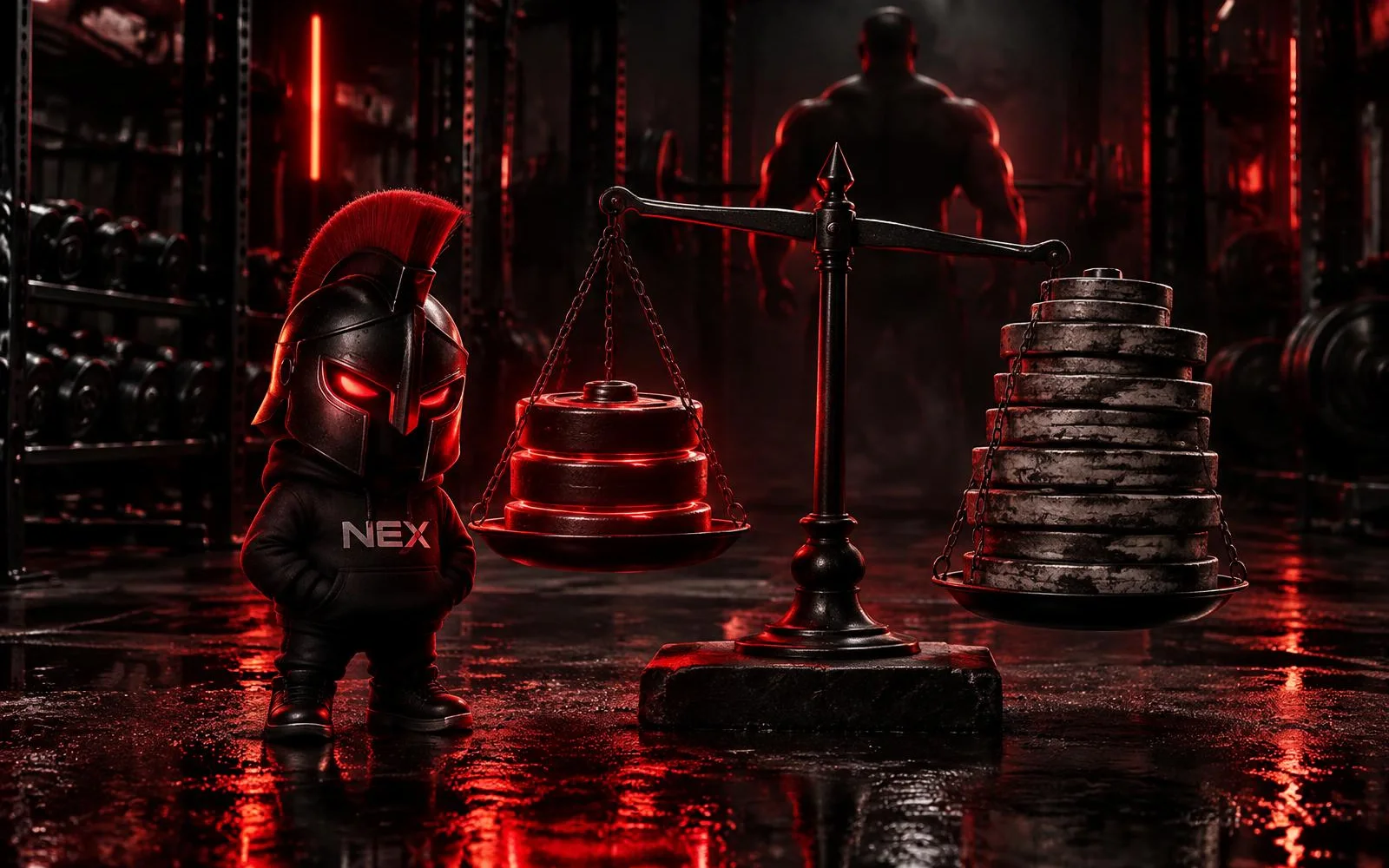 A NEX mascot beside a balance scale weighing three glowing heavy plates against a pile of dull plates, illustrating productive versus junk training volume.
